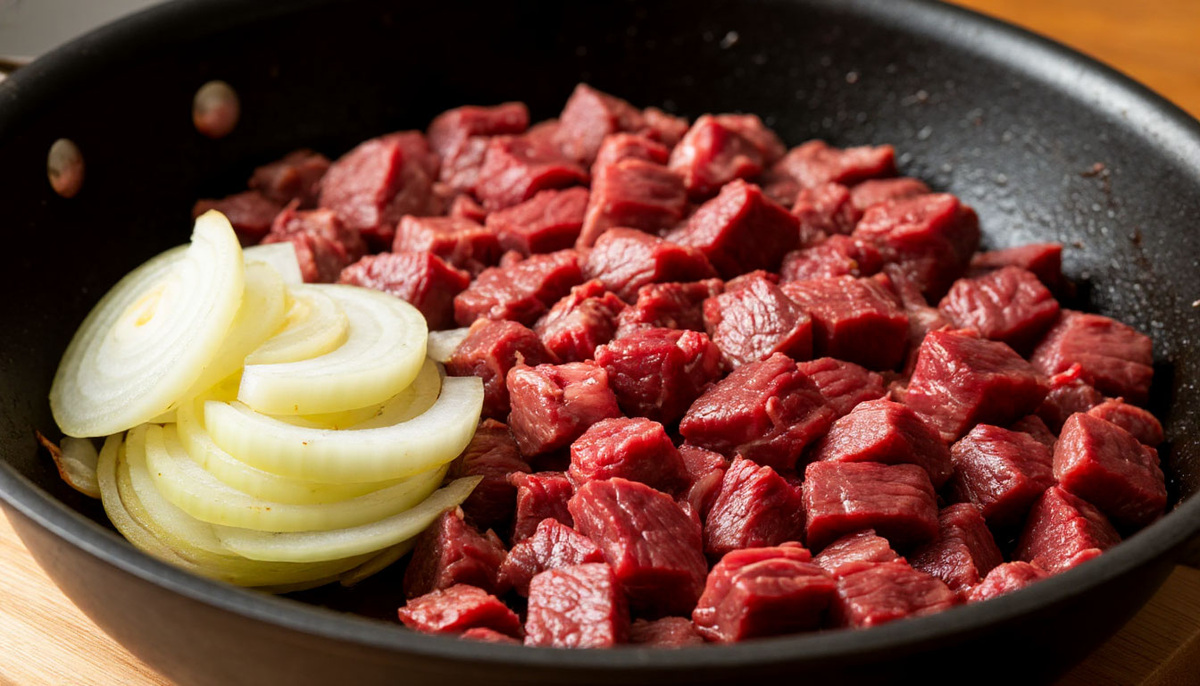 Приготовление основы для гуляша: обжарка лука и говядины