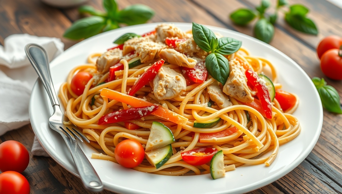 Спагетти с курицей и овощами