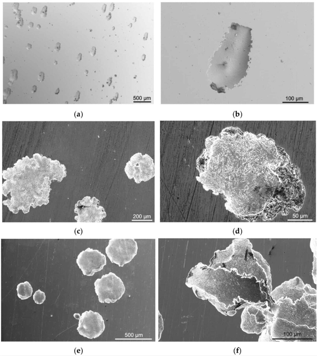    Электронно-микроскопические изображения стали ВНС-5 после коррозионных испытаний в режиме потенциодинамической поляризации: (a, b) механически отполированная ВНС-5 сталь; (c, d) химически пассивированная ВНС-5 сталь; (e, f) сталь ВНС-5, обработанная ионными пучками. На поверхности образцов наблюдаются многочисленные коррозионные язвы, достигающие в диаметре ~200 мкм / © Semin, V. et al., Journal of Manufacturing and Materials Processing