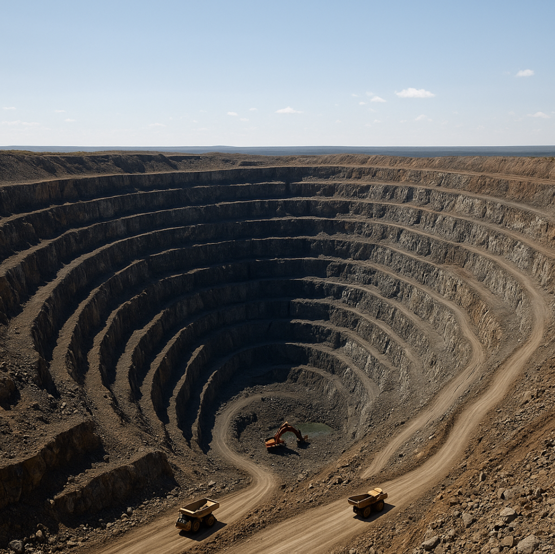 Используется при неглубоком залегании алмазоносных пород, особенно кимберлитовых трубок. Горные работы ведутся в виде большого ступенчатого котлована. Метод отличается высокой производительностью и применяется в регионах с устойчивым климатом и подходящей геологией. Примеры: карьеры в Якутии, месторождение «Big Hole» в ЮАР.