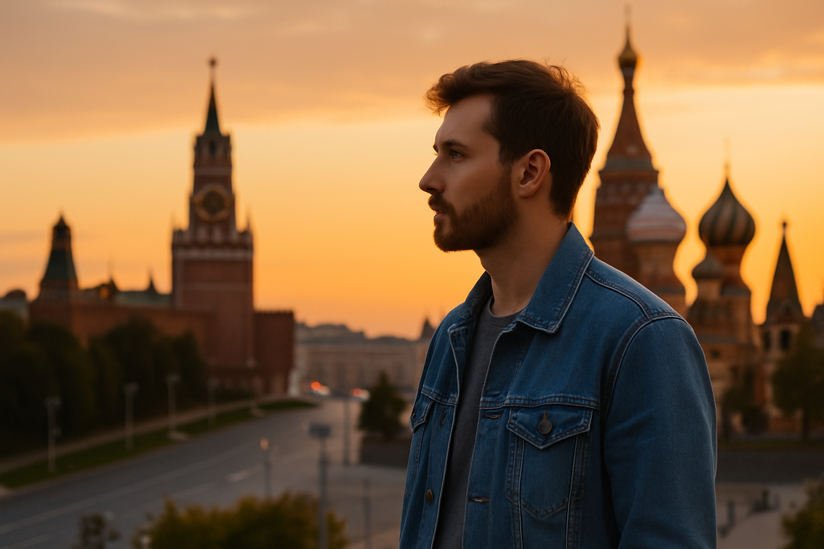 Мужчина в Москве на закате, переезд