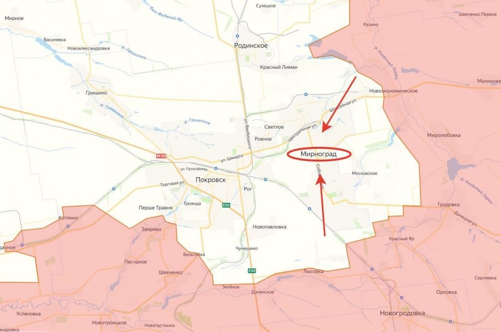    Карта СВО. Окружение Мирнограда с северо-востока и юга.