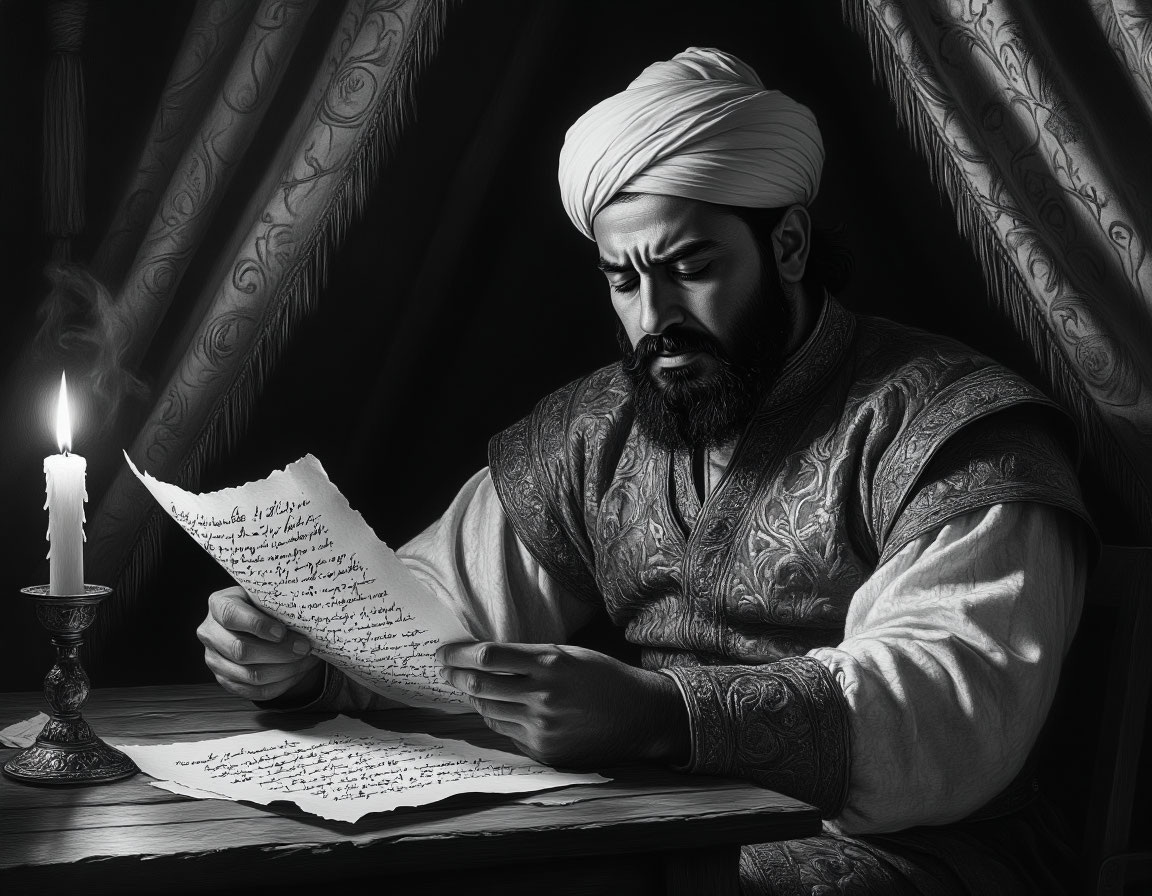 В своем шатре правитель Осман в глубокой задумчивости держит в руках два письма от своих жен, символизирующих его разрыв между долгом и милосердием.