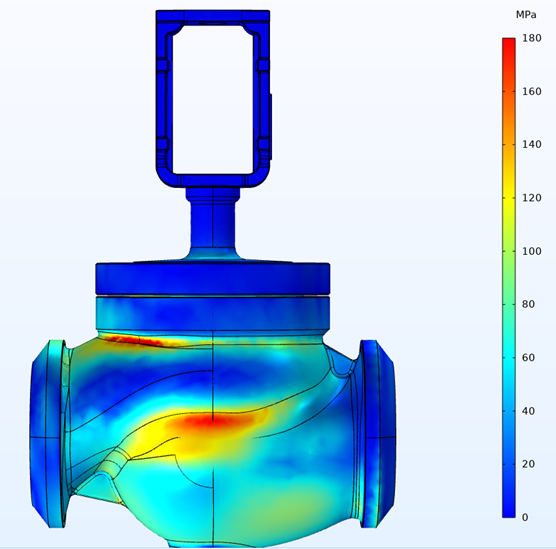 Рис. 1. Карта напряжений, возникающих в корпусе арматуры при гидравлических испытаниях (по данным численного моделирования в Зенит 95)