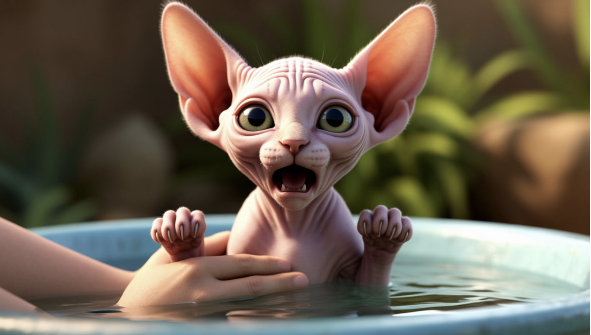 На самом деле кошки не боятся воды на уровне генетики, страх — результат личного опыта. Изображение создано ИИ для канала Kote4com: всё о сфинксах