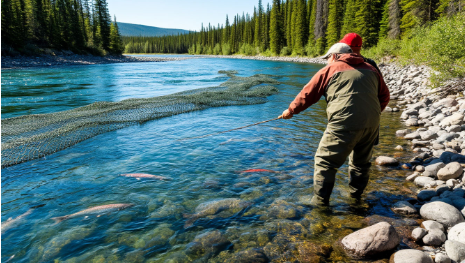 Рыболовы ловят на спиннинг, а рыбопромысловые компании перегораживают русло реки сетями всплошную, перекрывая путь рыбе из моря вверх по реке на нерест и нарушая воспроизводство 
