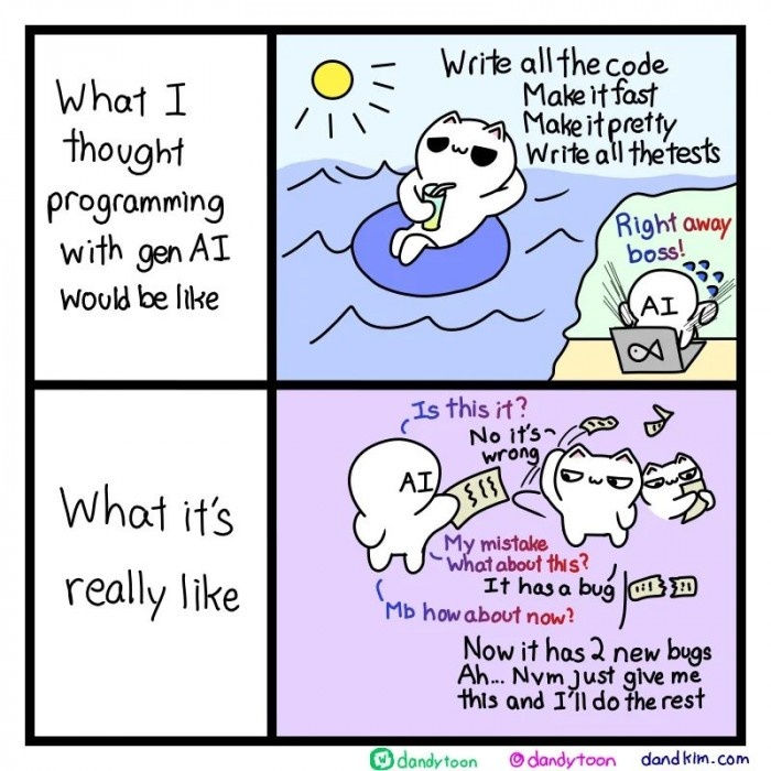 “я ждал идеальный код от ИИ”; справа: “ИИ предложил 100 вариантов, и вы в раздумье”
Так выглядит программирование с ИИ: буйство вариантов и лёгкий хаос. Но забавно!