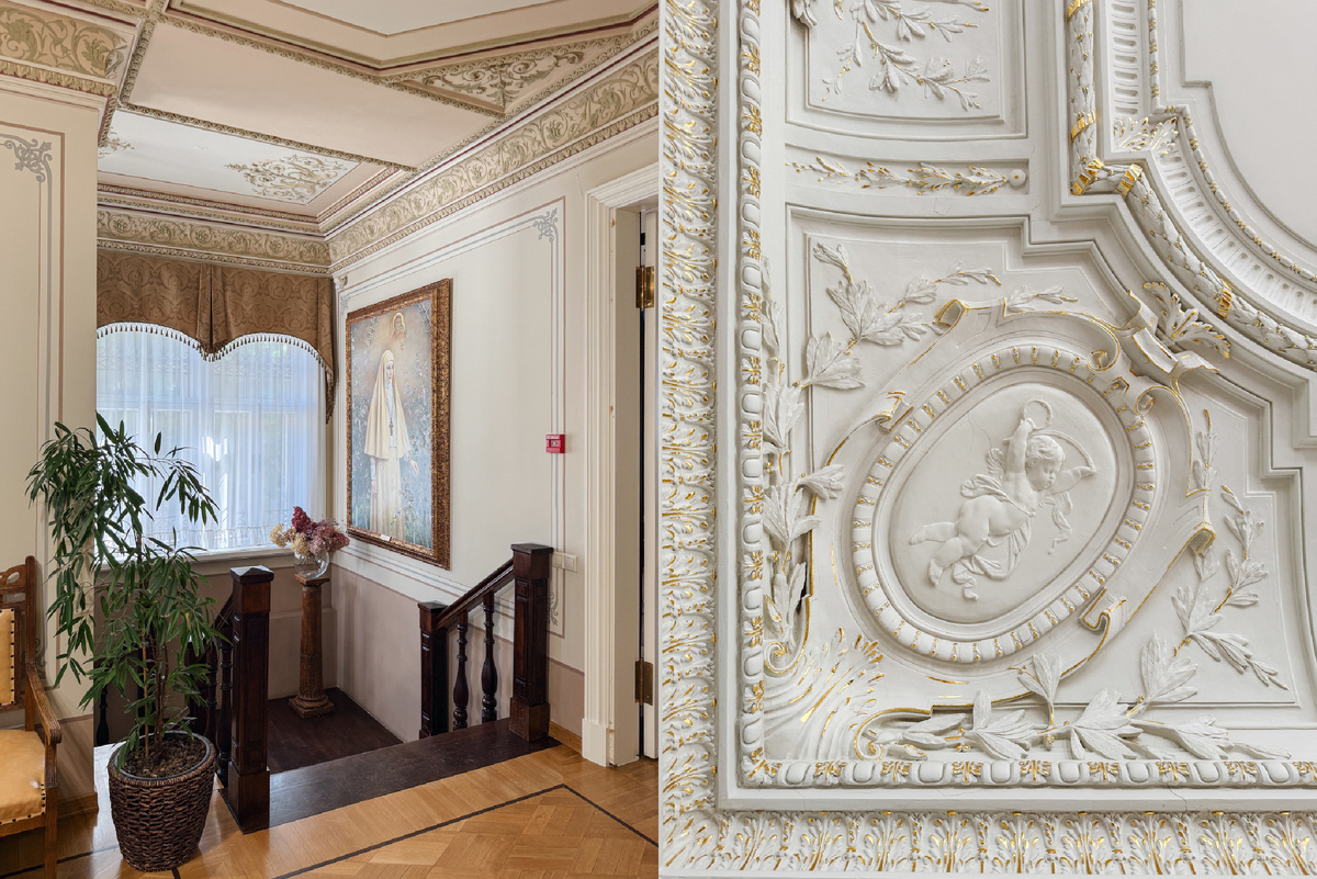 Деревянная лестница и лепнина в приёмной