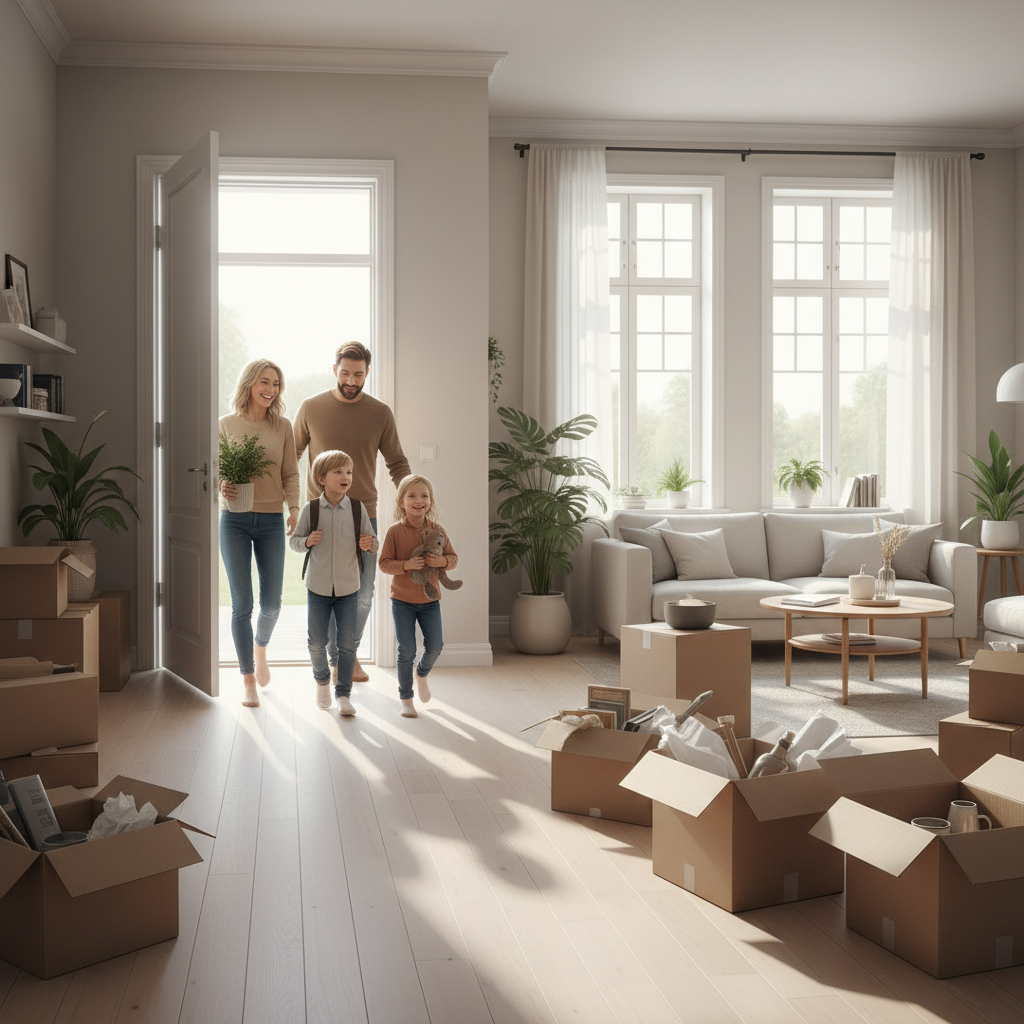 Семья заселяет дом. Из рекламы агентства по перевозке грузов.