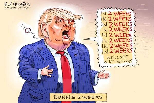   Мы все увидим что случиться за две недели. Западная карикатура на Трампа хорошо отражает "любовь к дедлайнам" Дональда.