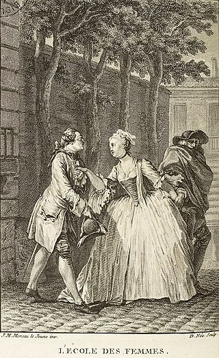 Гравюра «Школа жён» по произведению Мольера. Художник  Франсуа Дени Не Бре.    Источник:By François Denis Née / After Jean-Michel Moreau - This file comes from Gallica Digital Library and is available under the digital ID btv1b8617183m/f326, Public Domain, https://commons.wikimedia.org/w/index.php?curid=82428871