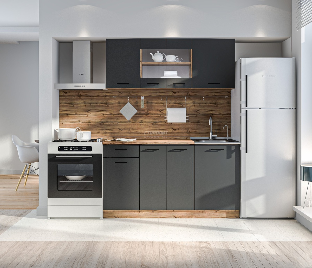 В верхних шкафах гарнитура «Лофт» дверцы со стеклом: можно разместить за ними черную или белую посуду, чтобы добавить аккуратный акцент в интерьер