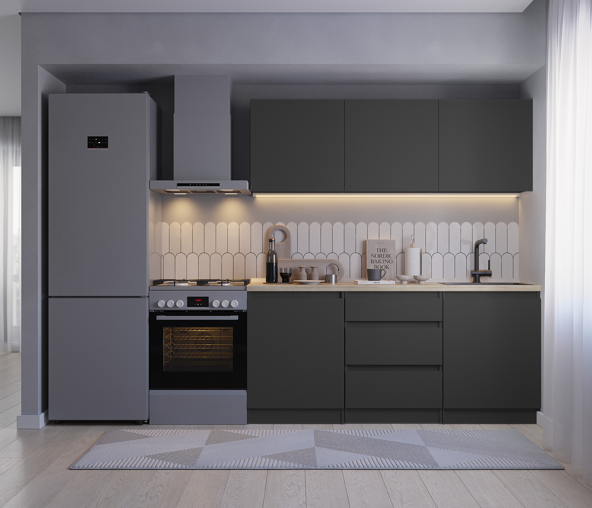 В гарнитуре «Леон» скрытые ручки и минимум декоративных элементов, благодаря чему он выглядит строго и минималистично