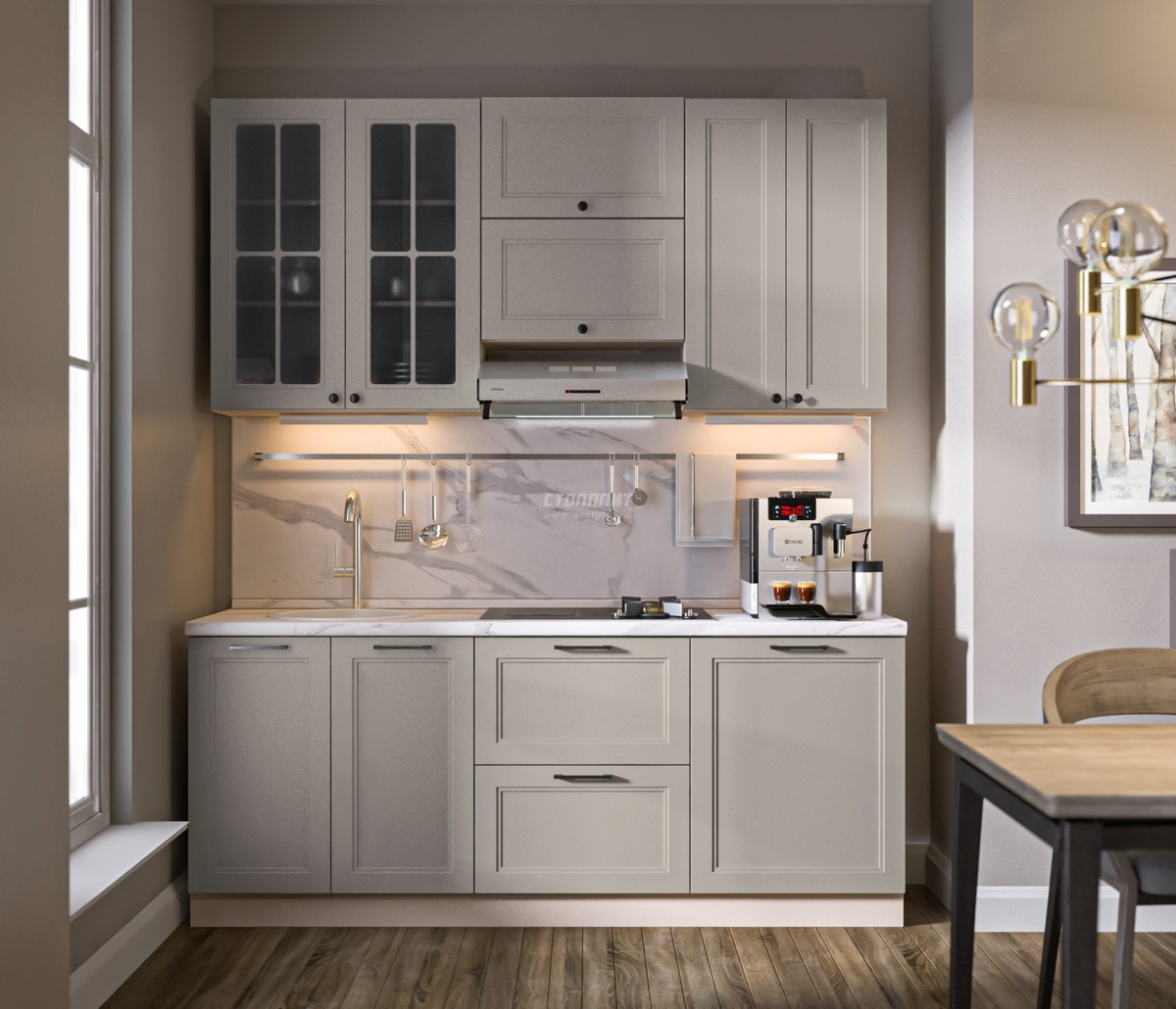 Светлые фасады гарнитура «Регина» в цвете «кашемир» создают ощущение простора, а продуманная система хранения помогает поддерживать порядок на рабочей поверхности