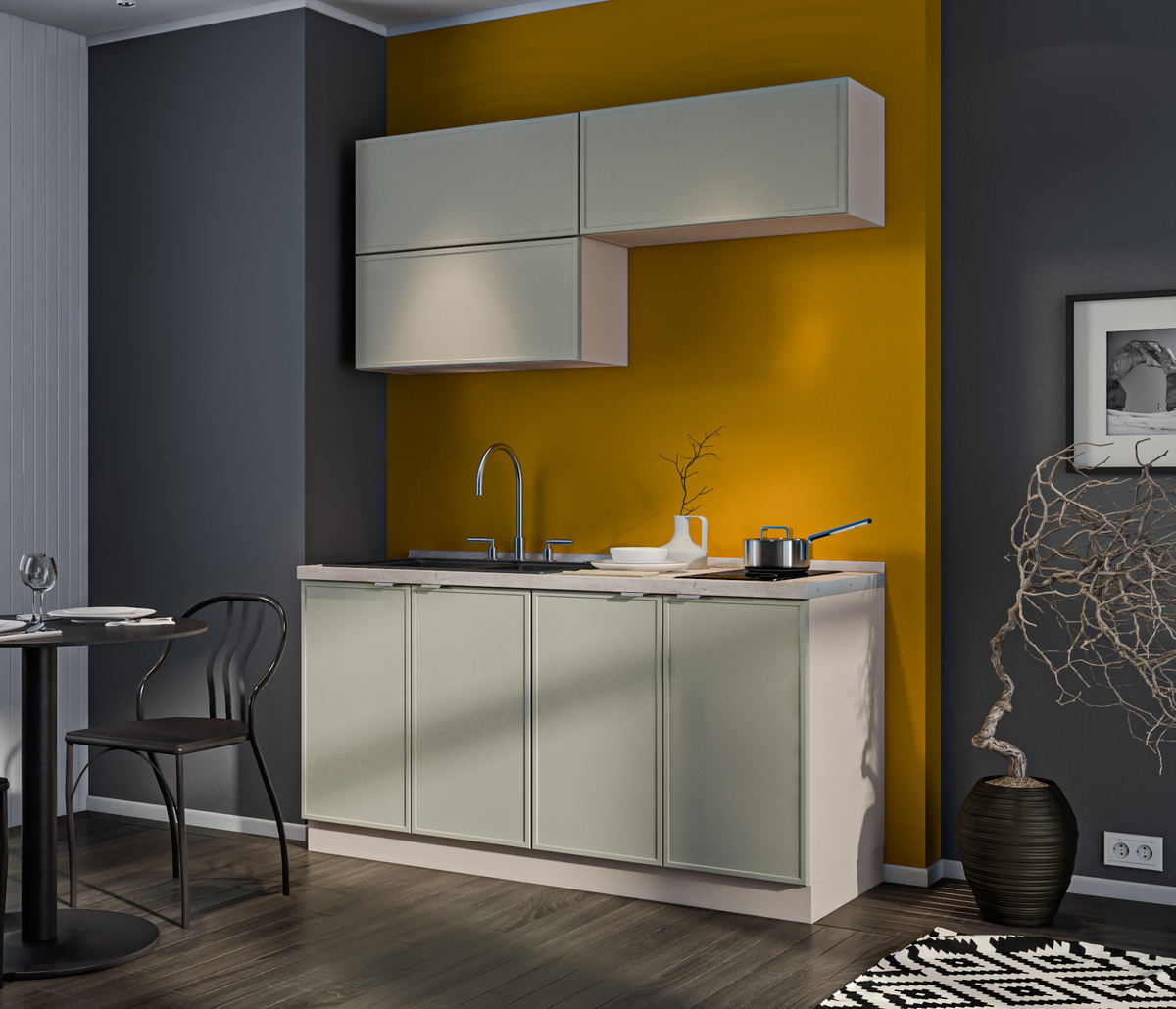 Длина кухни «Регина Квадро» всего 160 см, что делает ее отличным вариантом для небольших студий