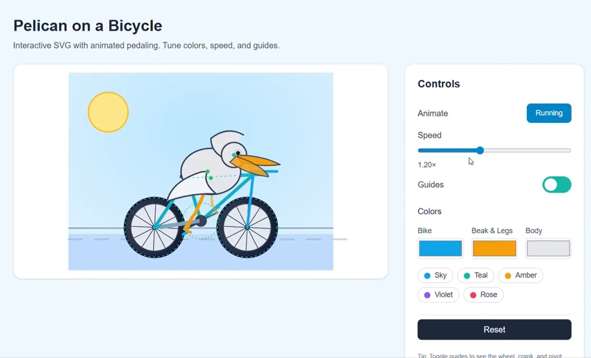 Тест модели Lobster на Web Dev Arena. Пеликан крутит педали и даже машет крылышками и двигает клювом в процессе.