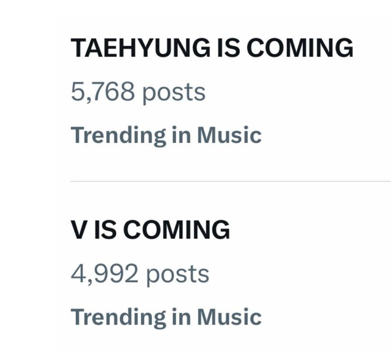 V IS COMING и TAEHYUNG IS COMING в тренде в Твиттере, так как Тэхён подогревает интерес к возможному проекту, который выйдет в августе