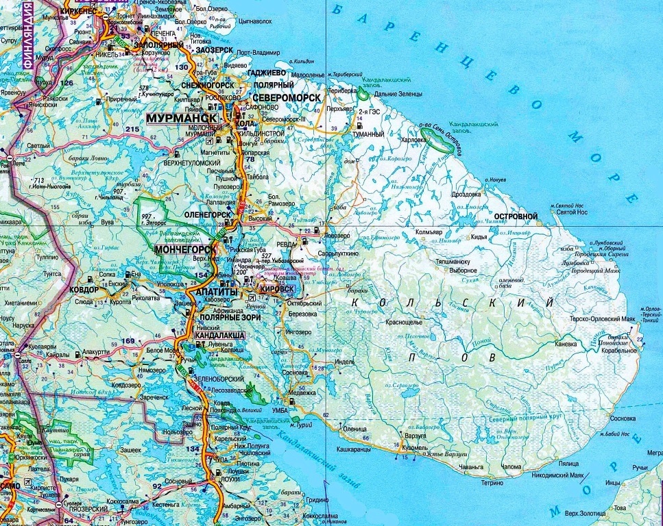 Карта автомобильных дорог Кольского полуострова