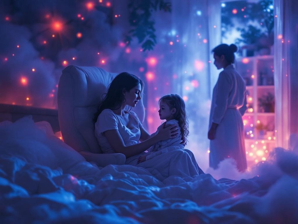    К чему такое снится: На картине нарисована женщина и маленькая девочка сидят на стуле. Мать гладит по волосам бледную дочь, которая бормочет что-то невнятное. В углу изображения стоит це