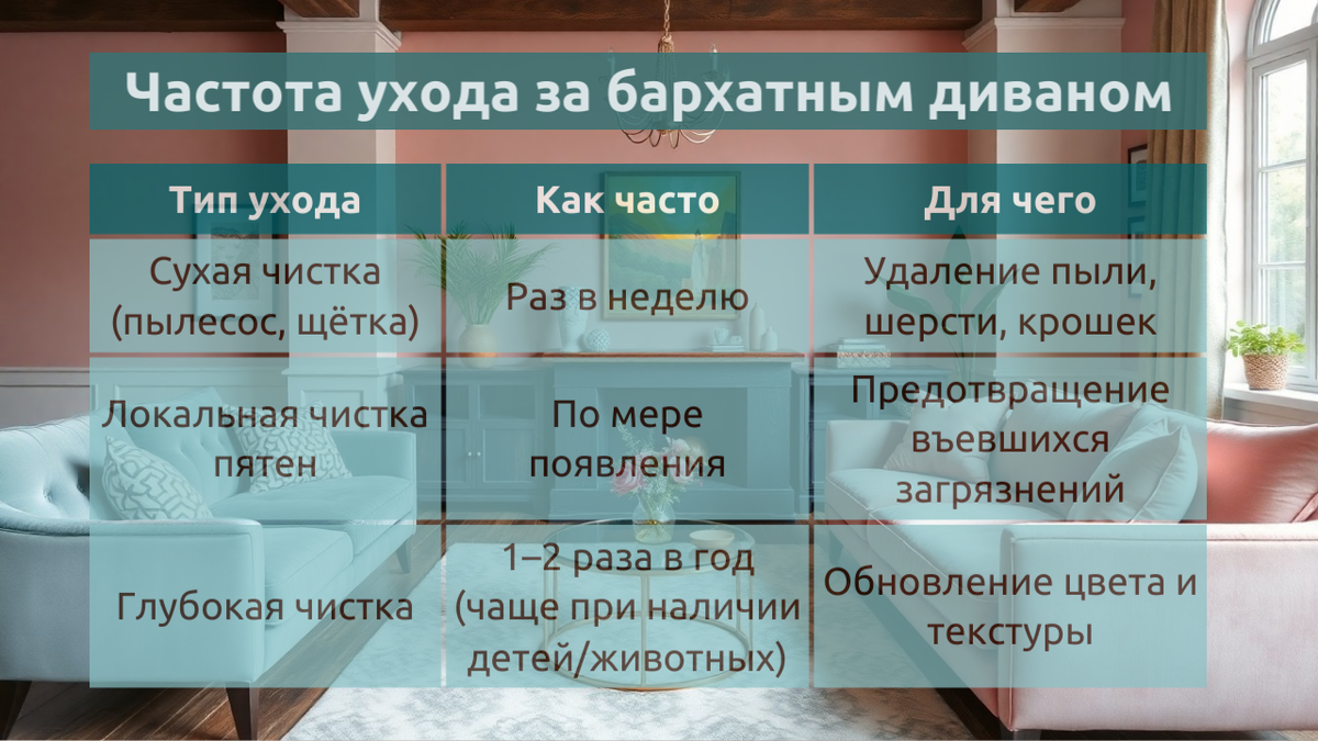 Частота ухода за бархатным диваном