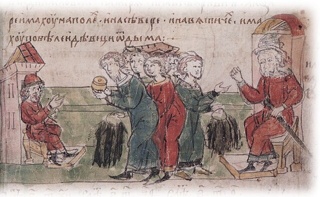 Плата дани словенами, кривичами, чудью и мерей варягам, полянами, северянами и вятичами — хазарам (859). Миниатюра из Радзивилловской летописи, конец XV века. Фото является общественным достоянием.