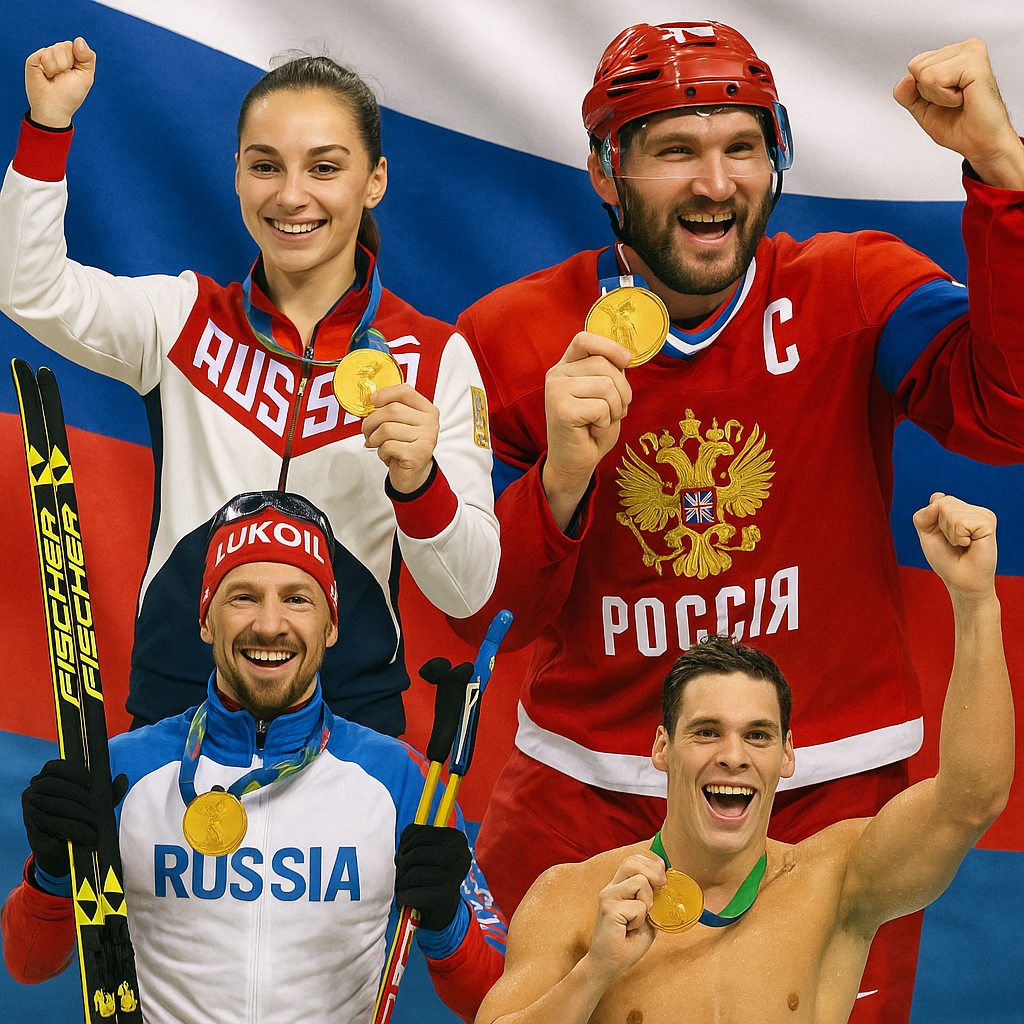Коллаж спортивных новостей России с атлетами и медалями