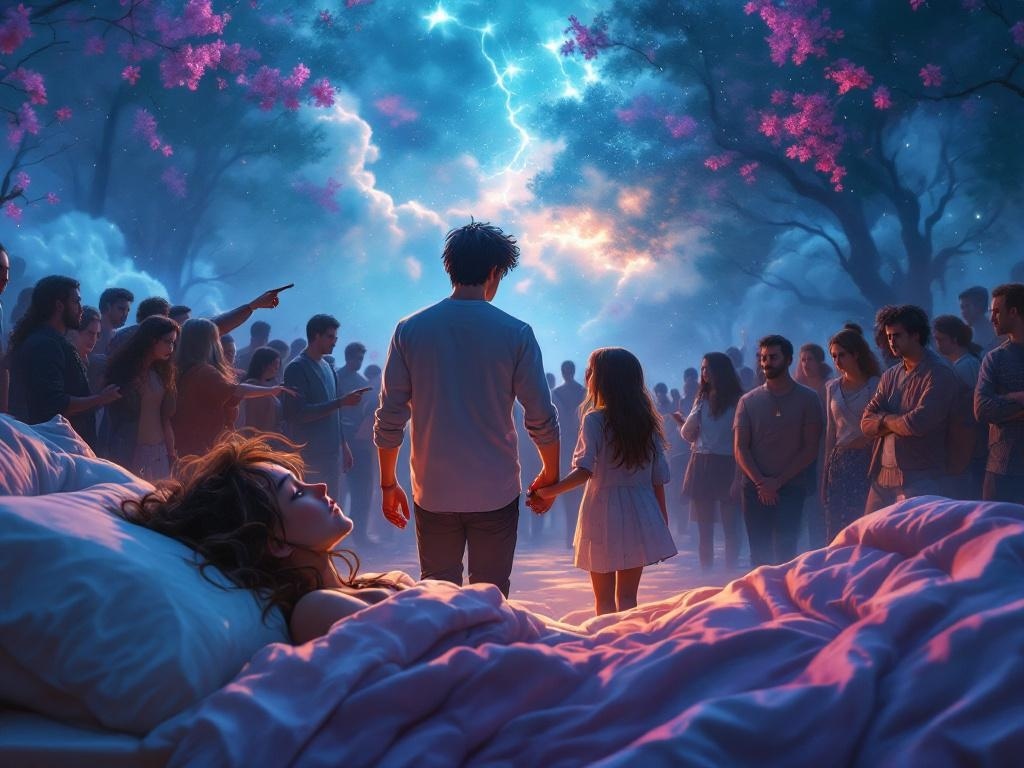    К чему такое снится: Молодой парень с темными волосами и девушка идут под руку. Вокруг них группа людей с явным выражением недовольства, один из них указывает на пару и обращается к парн