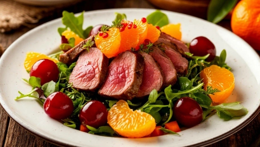 Салат с уткой, вишней и апельсином. 