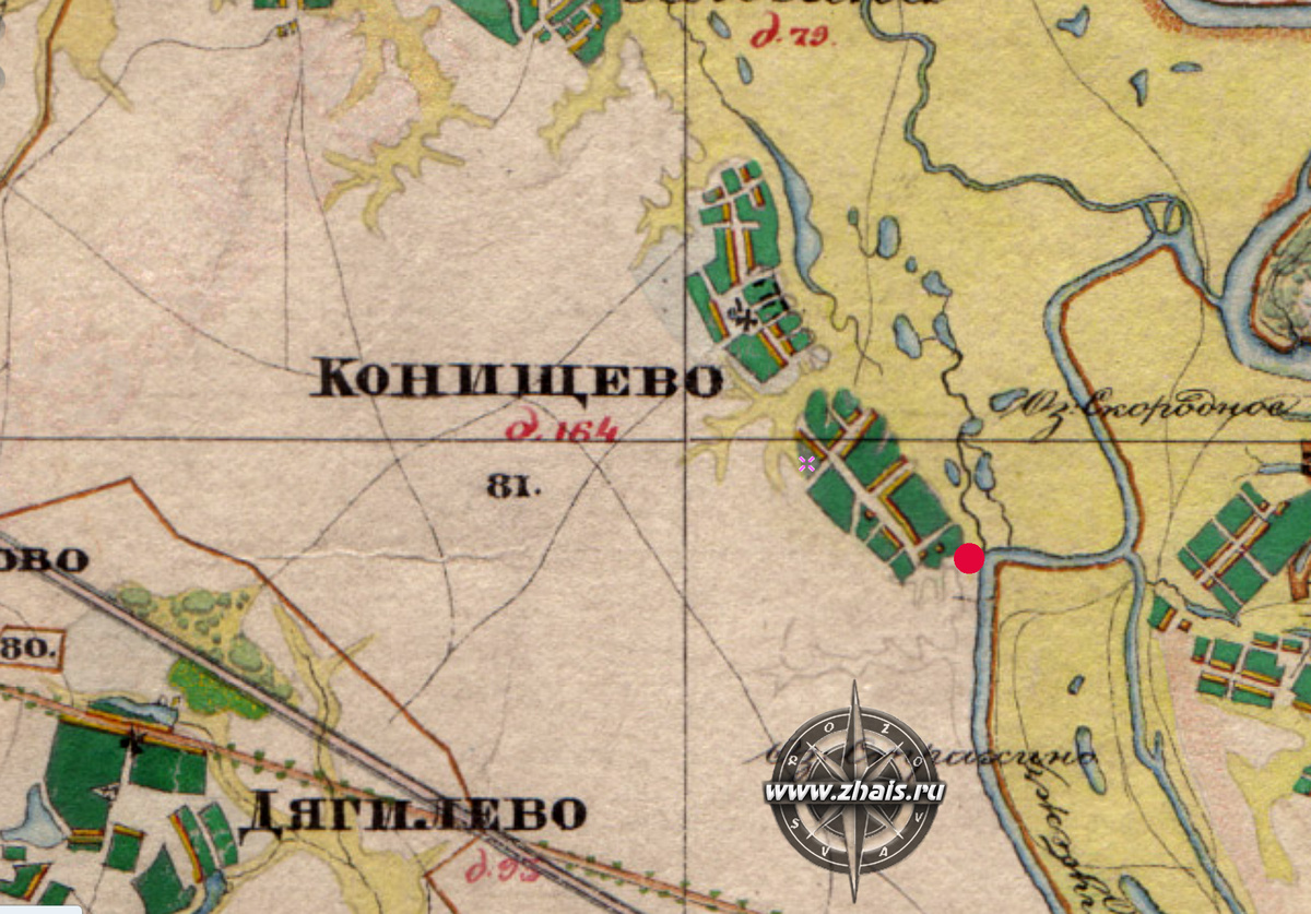Карта Менде Рязанской губернии, 1850 г. Место Городка выделено красным цветом