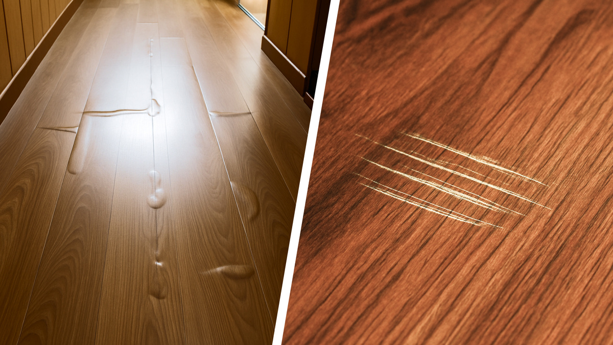 Даже влагостойкий ламинат максимального класса эксплуатации не любит длительного воздействия воды и может быть процарапан