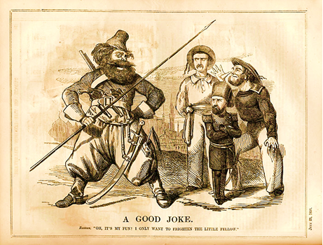 Вооруженный до зубов казак угрожает маленькому турку, на защиту которго встали англичанин и француз. Английская карикатура времён Крымской войны.