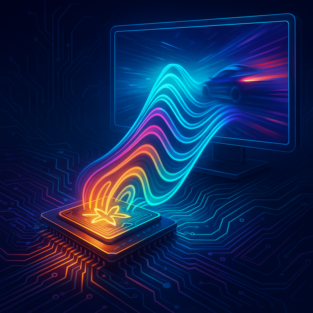 Стил‑арт олицетворяет PyroWave — поток ярких неоновых «вейвлетов» вырывается из раскалённого GPU и устремляется к геймерскому монитору, передавая скорость и минимальную задержку нового кодека.