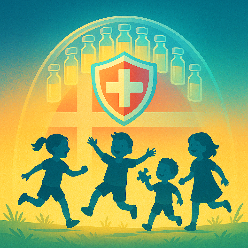 Весёлые силуэты детей играют под сияющим куполом из вакцинных флаконов на фоне датского флага — образ науки, защищающей здоровье и дарящей уверенность.