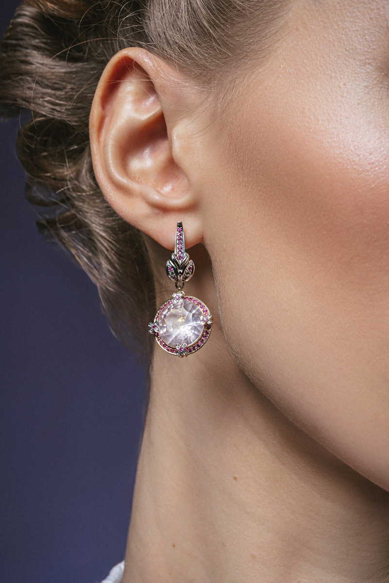 Серьги Цветочная симфония с розовым кварцем