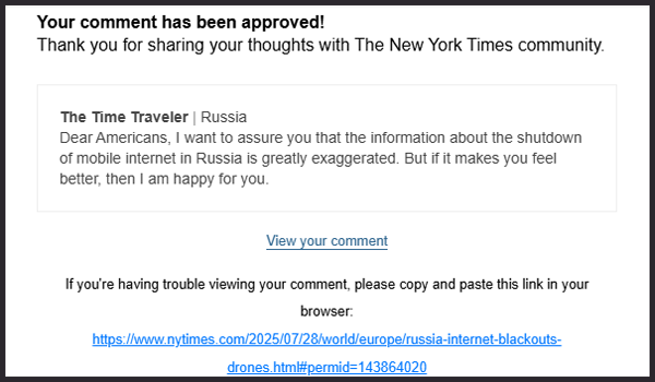 Оповещение о публикации моего комментария под статьей "Нью-Йорк Таймс"