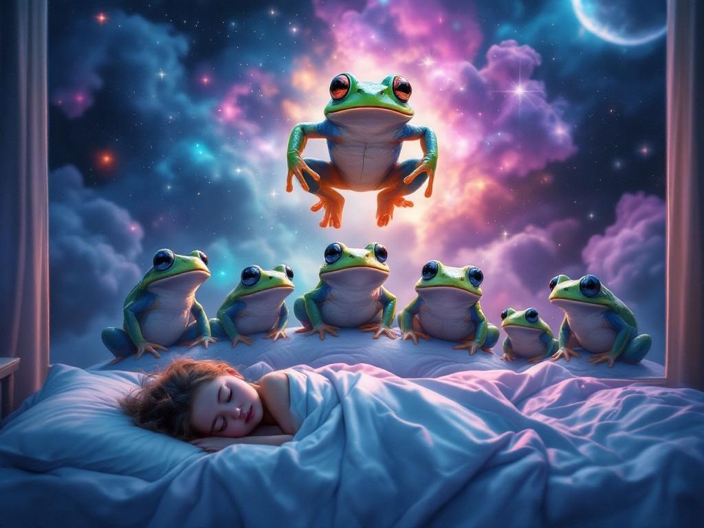    К чему такое снится: На картине изображена центральная лягушка с лицом ребенка, выполняющая прыжок. Вокруг нее расположены несколько лягушек с лицами взрослых, которые неподвижно сидят и