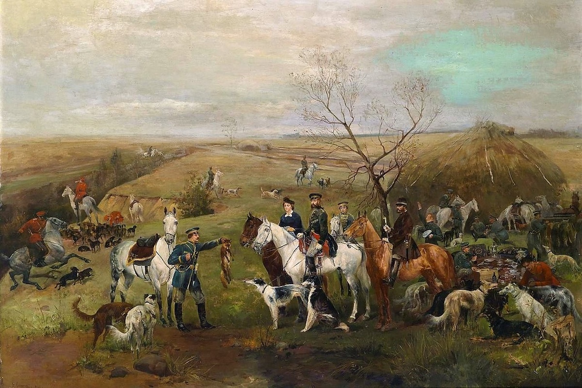 Группа охотников с царём Александром III и царицей Марией Фёдоровной на охоте (картина Н. С. Самокиша)