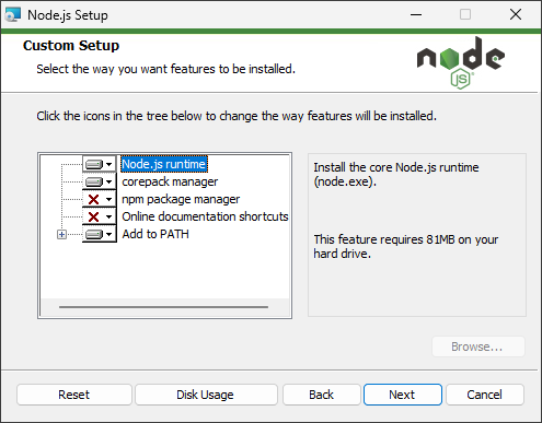 Выбор компонентов при установке Node.js
