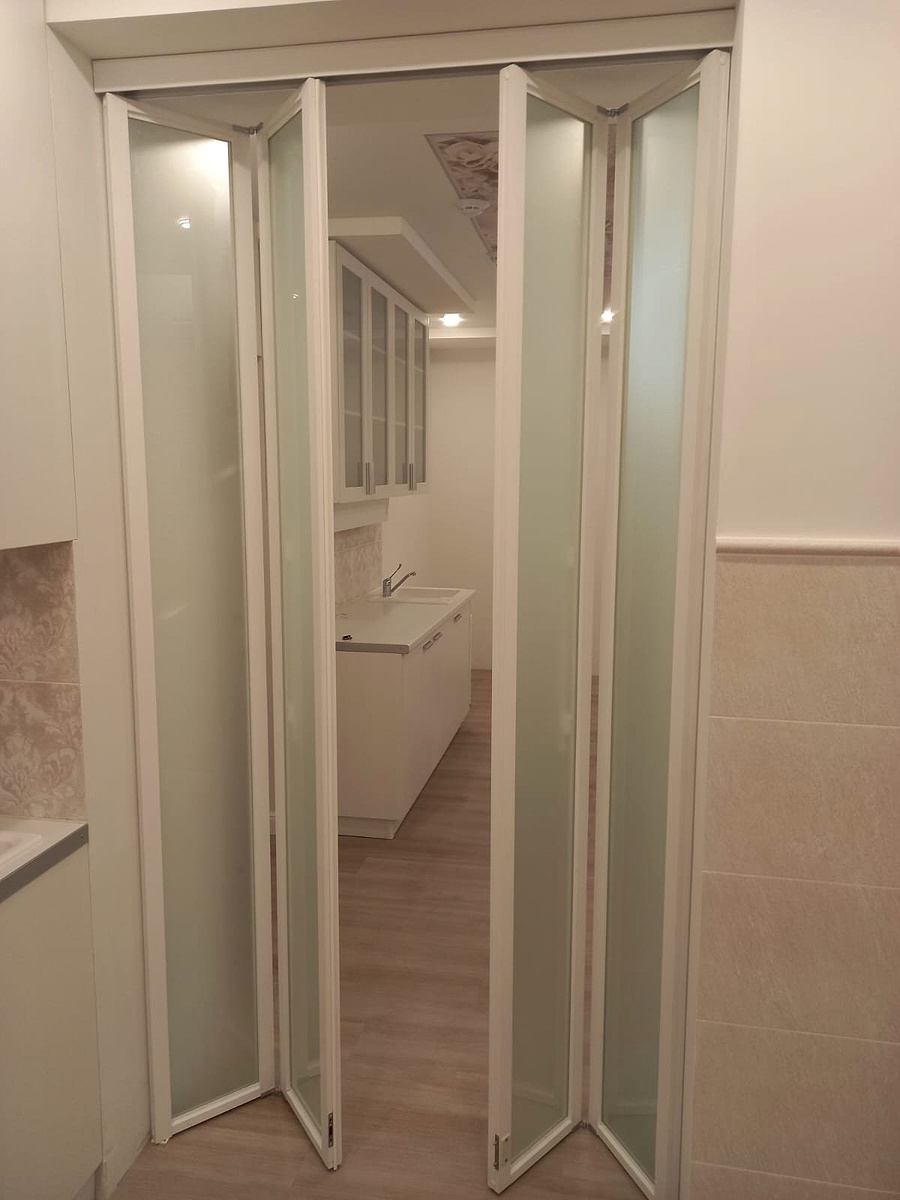 Перегородка: Складная система, профиль окрашен по RAL, стекло закалённое матовое.