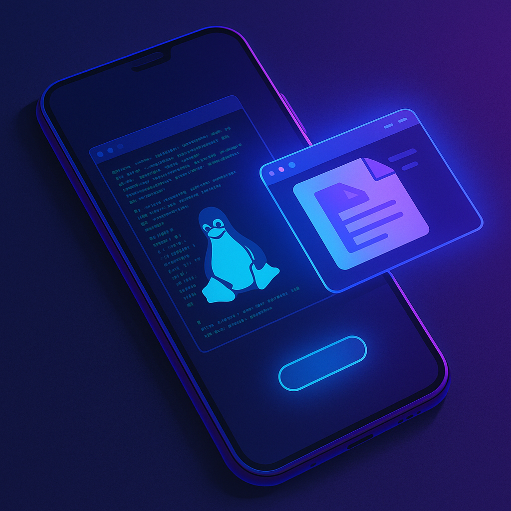 На экране смартфона терминал с пингвином Linux и рядом парит светящееся окно графического приложения — Android впервые запускает полноформатный десктоп «в ладони».