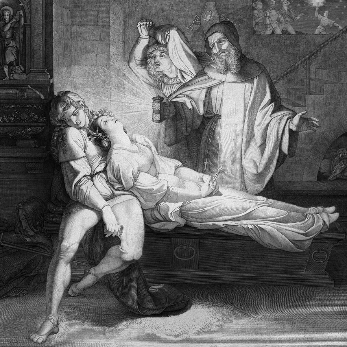    Сценка из «Ромео и Джульетты» Уильяма Шекспира. Монах Лоренцо прибывает в склеп Капулетти и обнаруживает, что Ромео и Джульетта мертвы LEGION-MEDIA