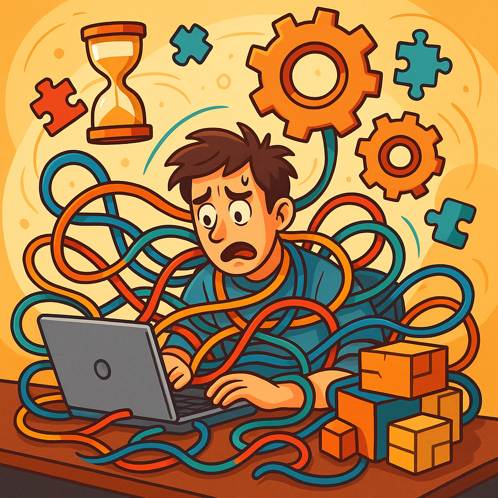 Карикатурный разработчик утопает в клубке разноцветных кабелей, шестерёнок и коробок‑«зависимостей», олицетворяя сайты, которые пожирают время и силы вместо того, чтобы их экономить.