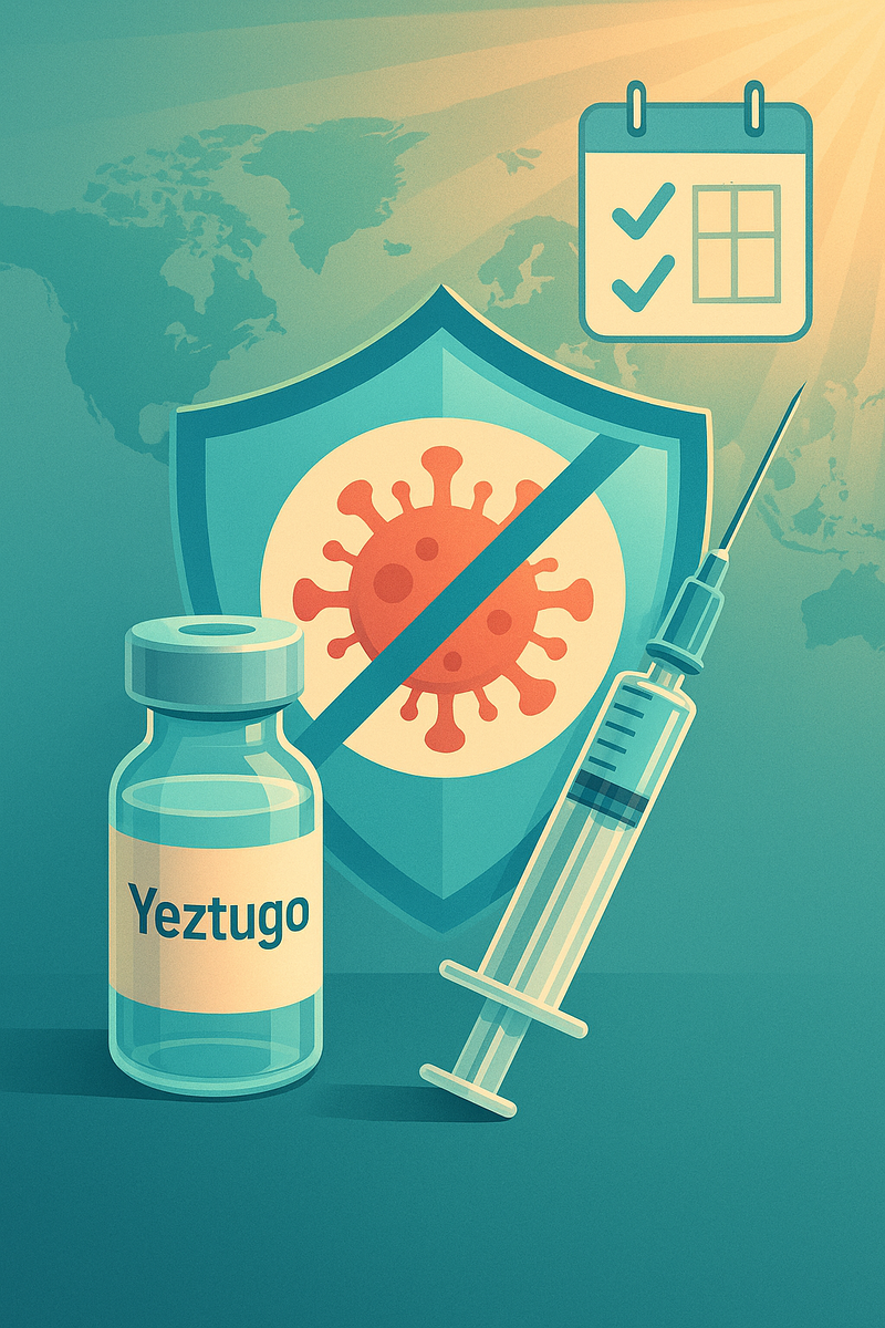 Флакон Yeztugo и шприц на фоне щита с зачёркнутым вирусом ВИЧ; рядом календарь с двумя галочками — визуальный образ инъекции дважды в год, надёжно защищающей от инфекции.