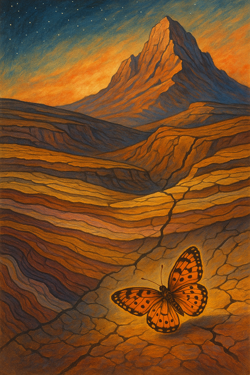 На фоне монументальных, слоистых скал и рассветного неба крохотная оранжевая бабочка цепляется за потрескавшуюся землю — контраст хрупкости жизни и величия «глубокого времени».