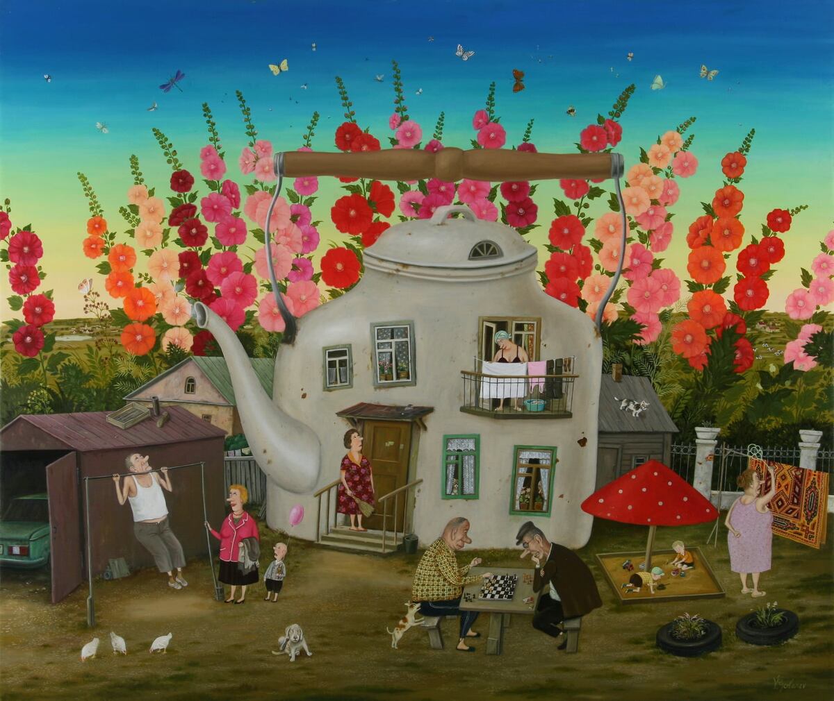 КАРТИНА ХУДОЖНИКА ВАЛЕНТИНА ГУБАРЕВА ПОД НАЗВАНИЕМ " ЖИЗНЬ ПОД МАЛЬВАМИ "