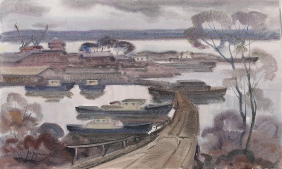 Виктор Кузин. Верхняя Курья. Затон, 1969, бумага; акварель ⓒ Пермская государственная художественная галерея