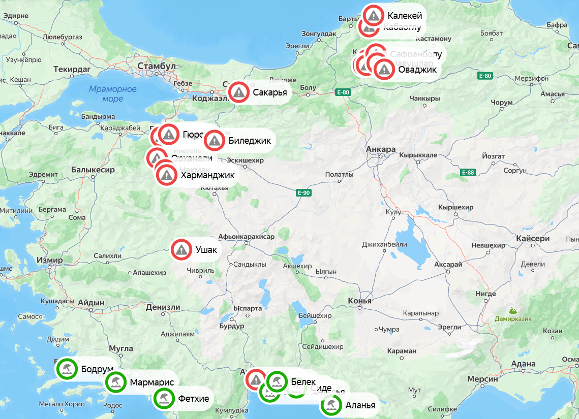 Карта пожаров на территории Турции. Скриншот: Яндекс Карты