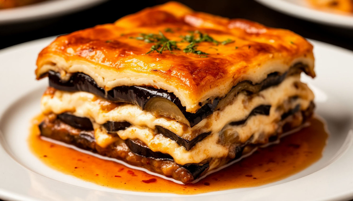 Сочная домашняя мусака с мясом и бешамелем на белой тарелке