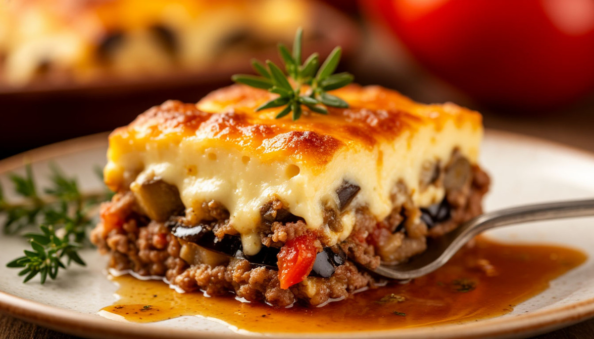 Аппетитная греческая мусака с баклажанами и сырной корочкой крупным планом