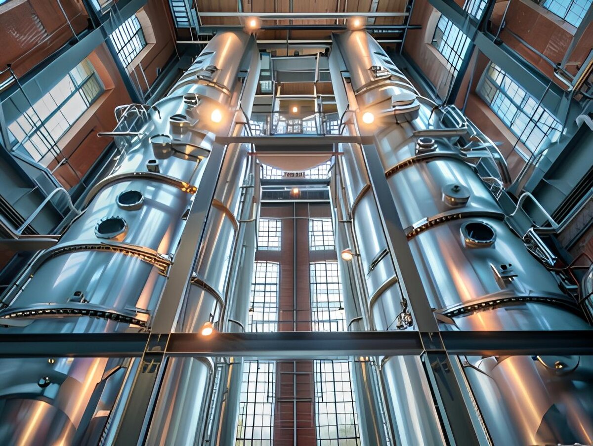 Ректификационная колонна на производстве